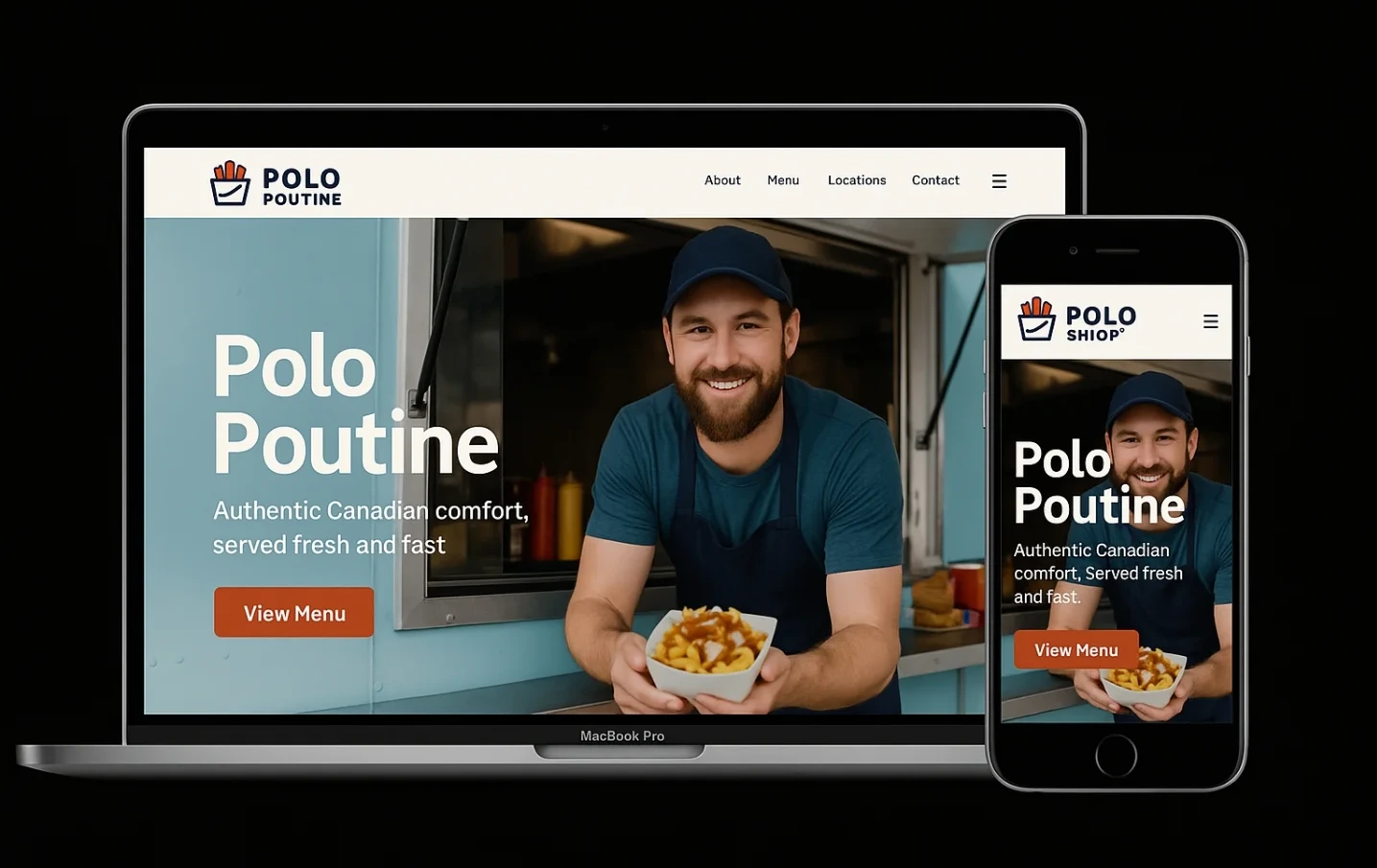 The Polo Poutine homepage shown on a laptop and a phone, with a photograph of the truck's cook holding a bowl of poutine and a View Menu button.