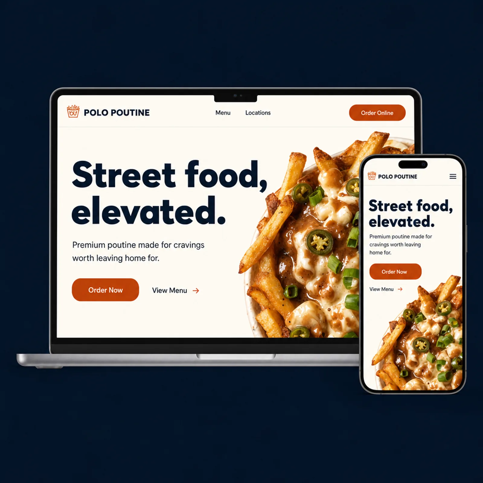 The new Polo Poutine homepage on desktop and mobile: an oversized headline reading Street food, elevated, with a close-up of loaded poutine bleeding off the right edge.