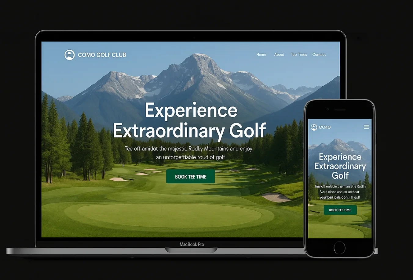 The Como Golf Club homepage shown on a laptop and a phone, with a mountain course photograph and the headline Experience Extraordinary Golf.