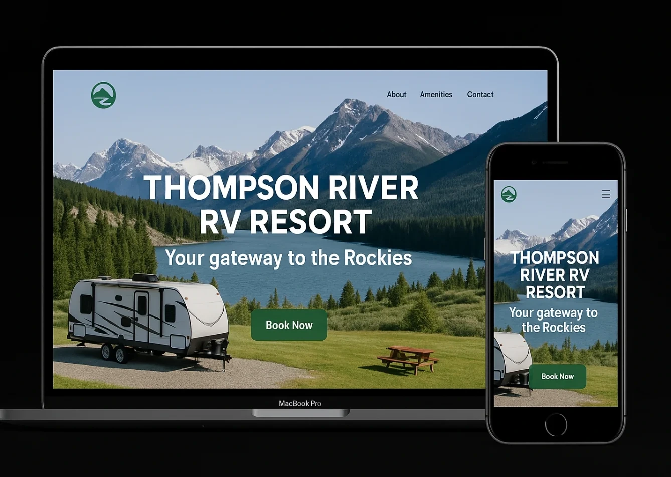The Thompson River RV Resort homepage shown on a laptop and a phone, with a full-bleed river valley photograph and a single booking button.