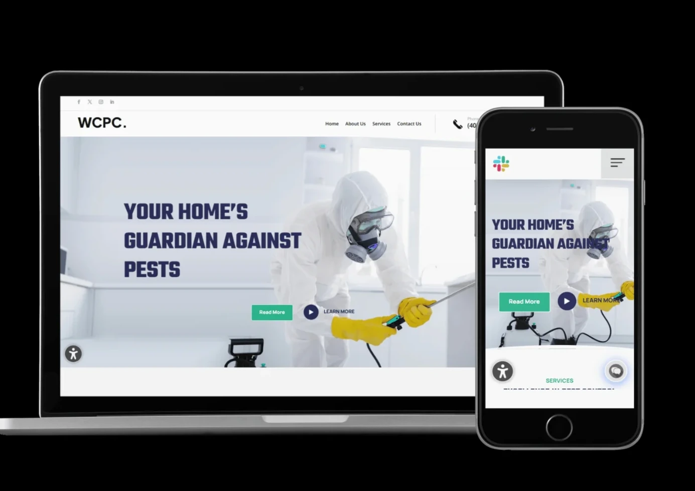 The Westcoast Pest Control homepage shown on a laptop and a phone, with a photograph of a technician in protective gear and the headline Your Home's Guardian Against Pests.