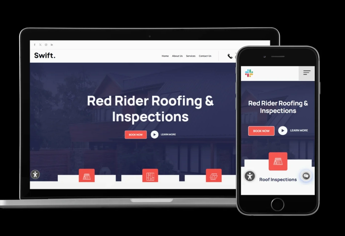 The Red Rider Roofing homepage shown on a laptop and a phone, with a dusk photograph of a residential roof and the headline Red Rider Roofing & Inspections.