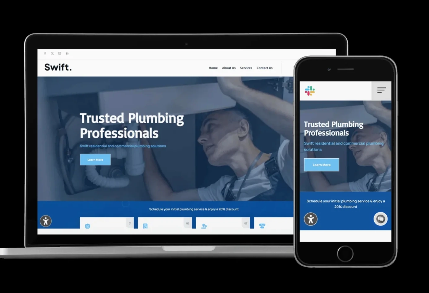 The Swift Plumbing Co. homepage shown on a laptop and a phone, with a photograph of a plumber working under a sink and the headline Trusted Plumbing Professionals.