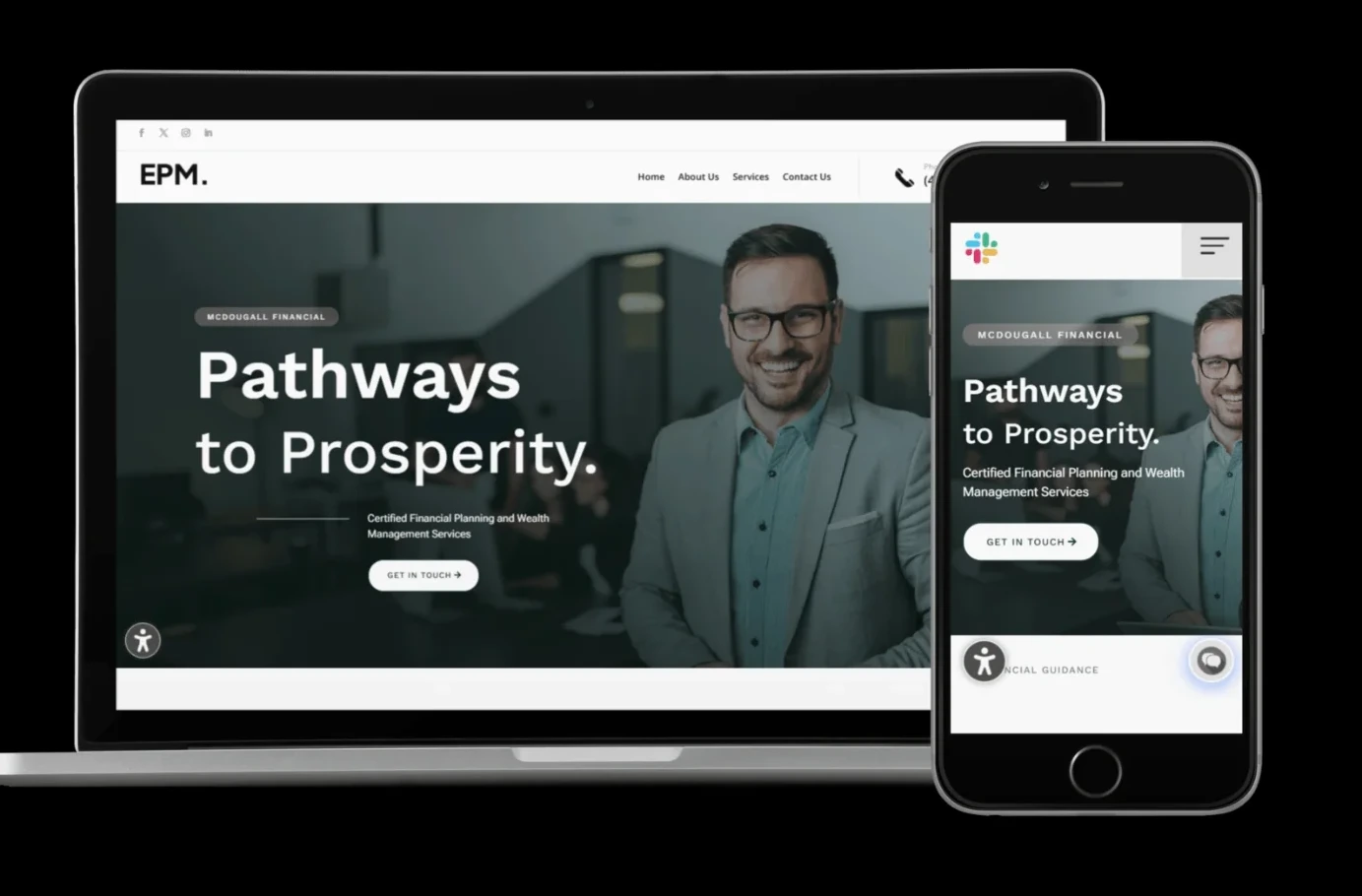 The McDougall Financial homepage shown on a laptop and a phone, with a portrait of an advisor and the headline Pathways to Prosperity.
