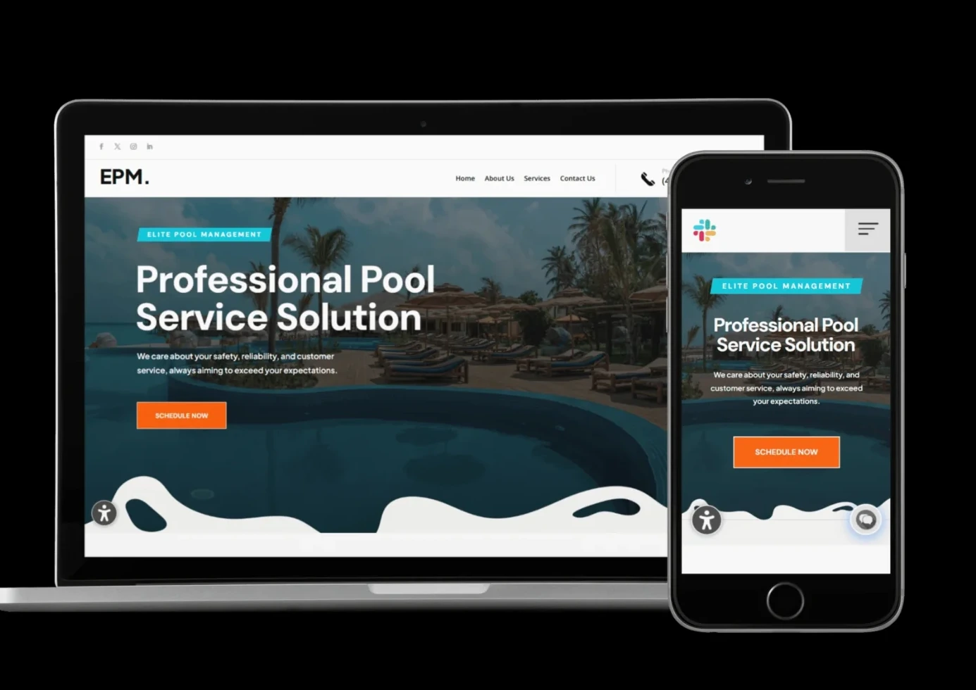The Elite Pool Management homepage shown on a laptop and a phone, with a resort pool photograph and the headline Professional Pool Service Solution.