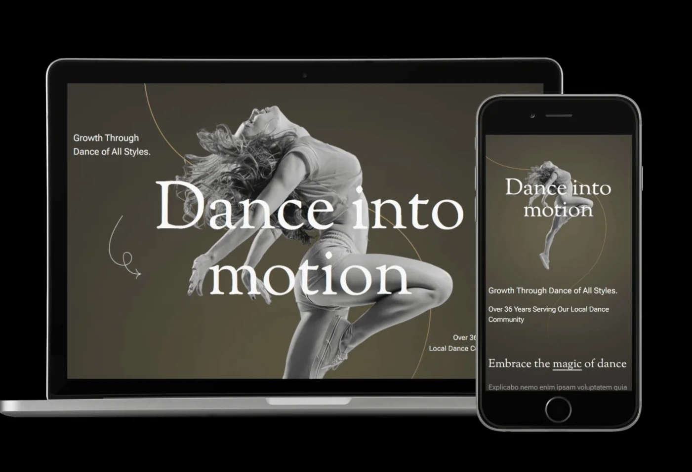 The Motif Dance Studio homepage shown on a laptop and a phone, in black and white editorial style with a dancer mid-motion and the headline Dance into motion.