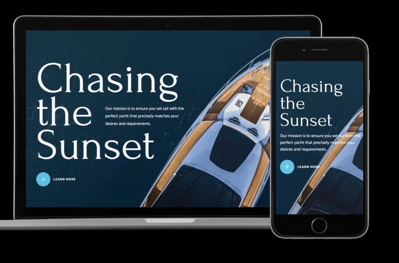 The Meridian Yacht Brokerage homepage shown on a laptop and a phone, an aerial photograph of a yacht's teak deck with the headline Chasing the Sunset.