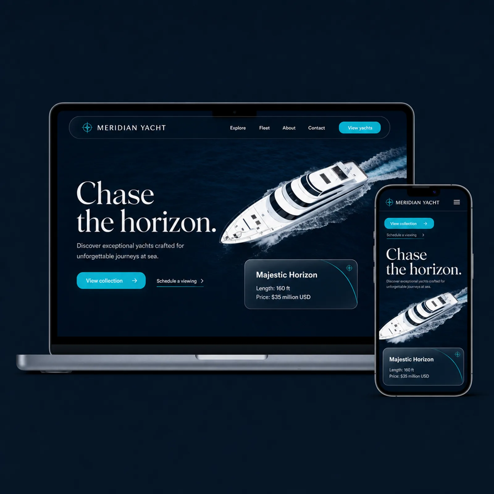 The new Meridian Yacht homepage on desktop and mobile: an aerial photograph of a yacht under a serif headline reading Chase the horizon, with a floating listing card.