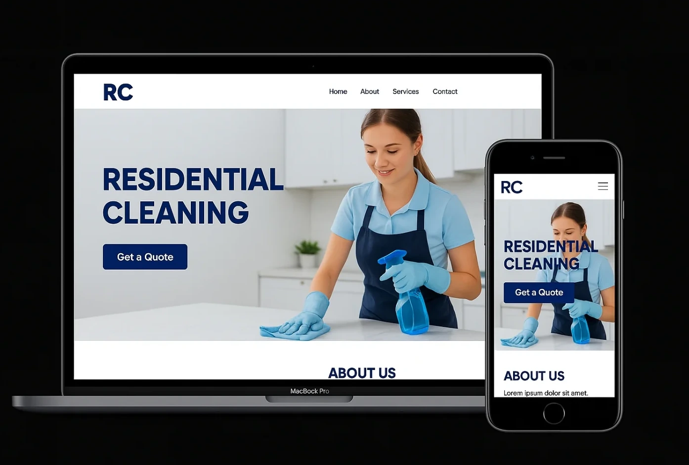 The Radiant Cleaning Co. homepage shown on a laptop and a phone, a photograph of a cleaner wiping a kitchen counter with the headline Residential Cleaning.