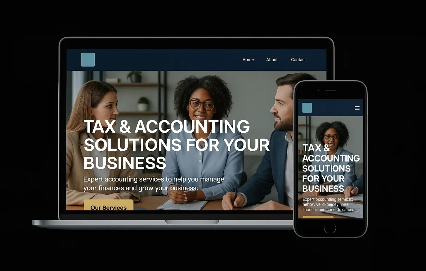 The Ledger Tax Group homepage shown on a laptop and a phone, a photograph of an advisor meeting with clients and the headline Tax & Accounting Solutions for Your Business.