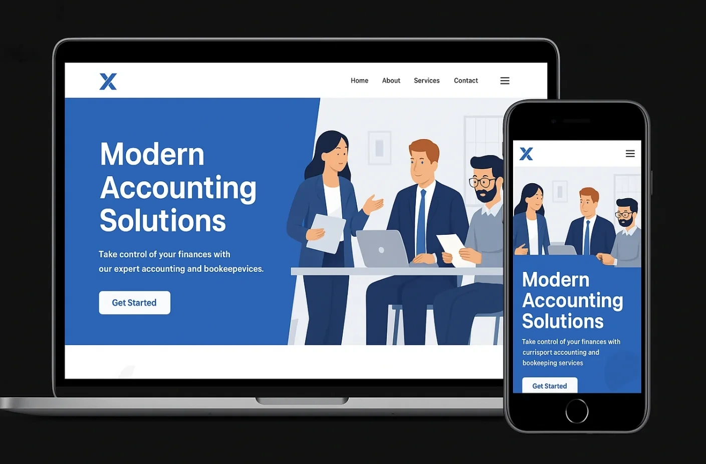 The Crossmark Accounting homepage in a friendly illustrated style, showing a small team reviewing finances together, with the headline Modern Accounting Solutions.