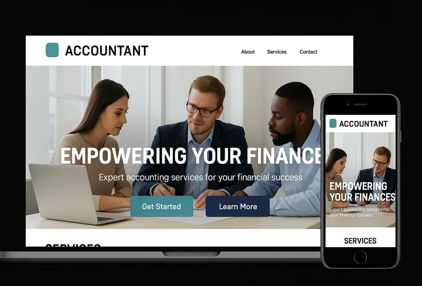 The Sterling & Co. homepage shown on a laptop and a phone, a photograph of three colleagues reviewing documents with the headline Empowering Your Finances.