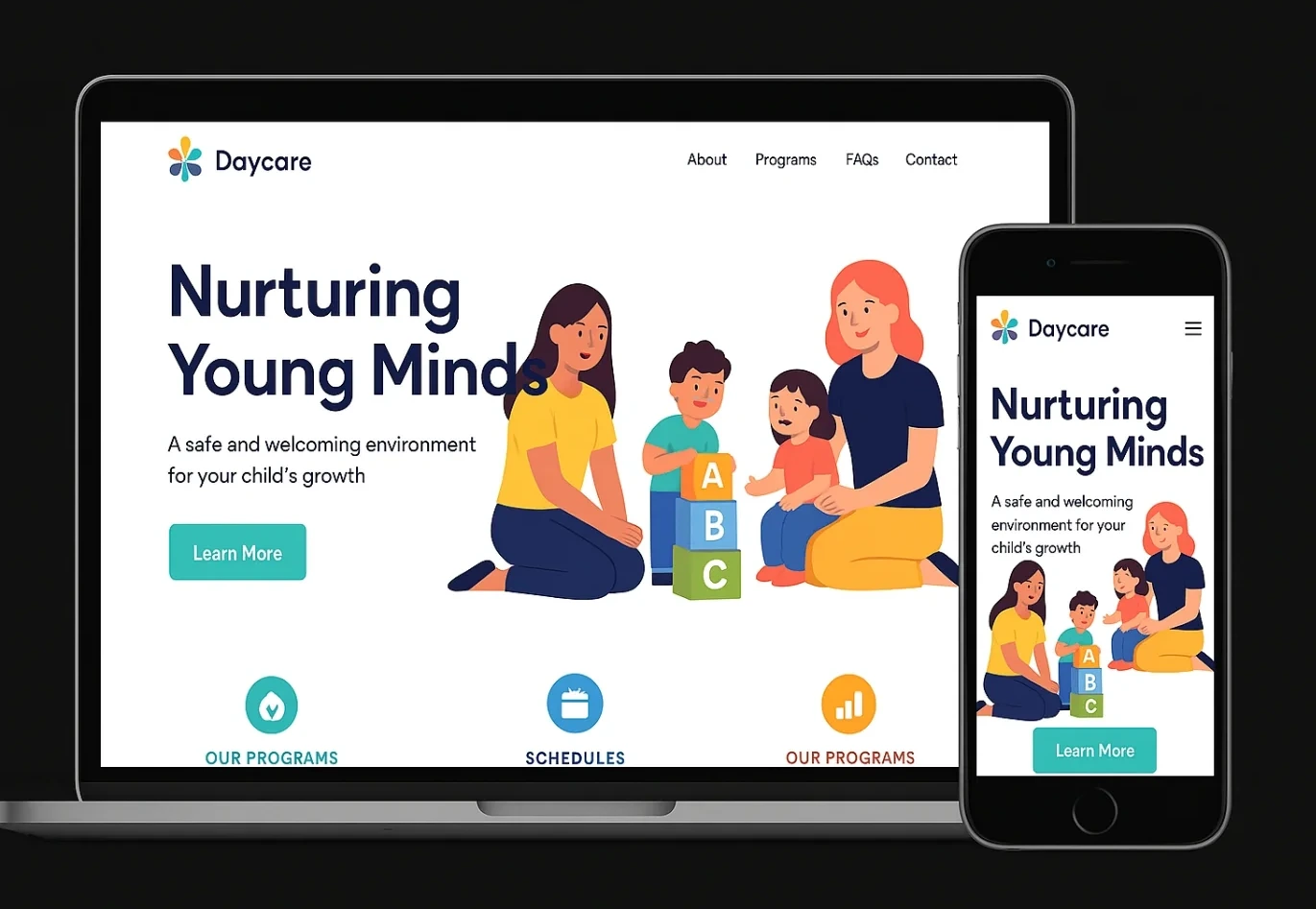 The Little Sprouts Daycare homepage shown on a laptop and a phone, a friendly illustration of children and caregivers with the headline Nurturing Young Minds.