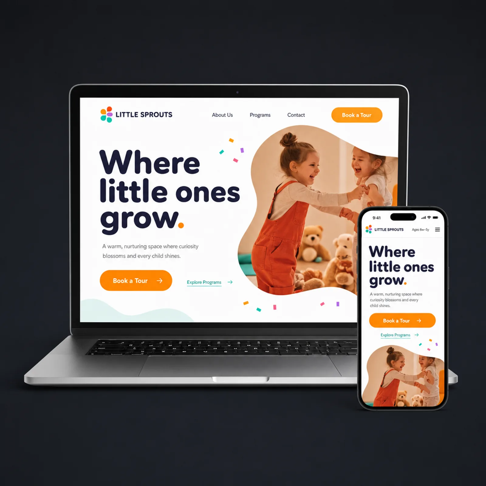 The new Little Sprouts homepage on desktop and mobile: children playing, masked inside a soft organic shape, beside a headline reading Where little ones grow.