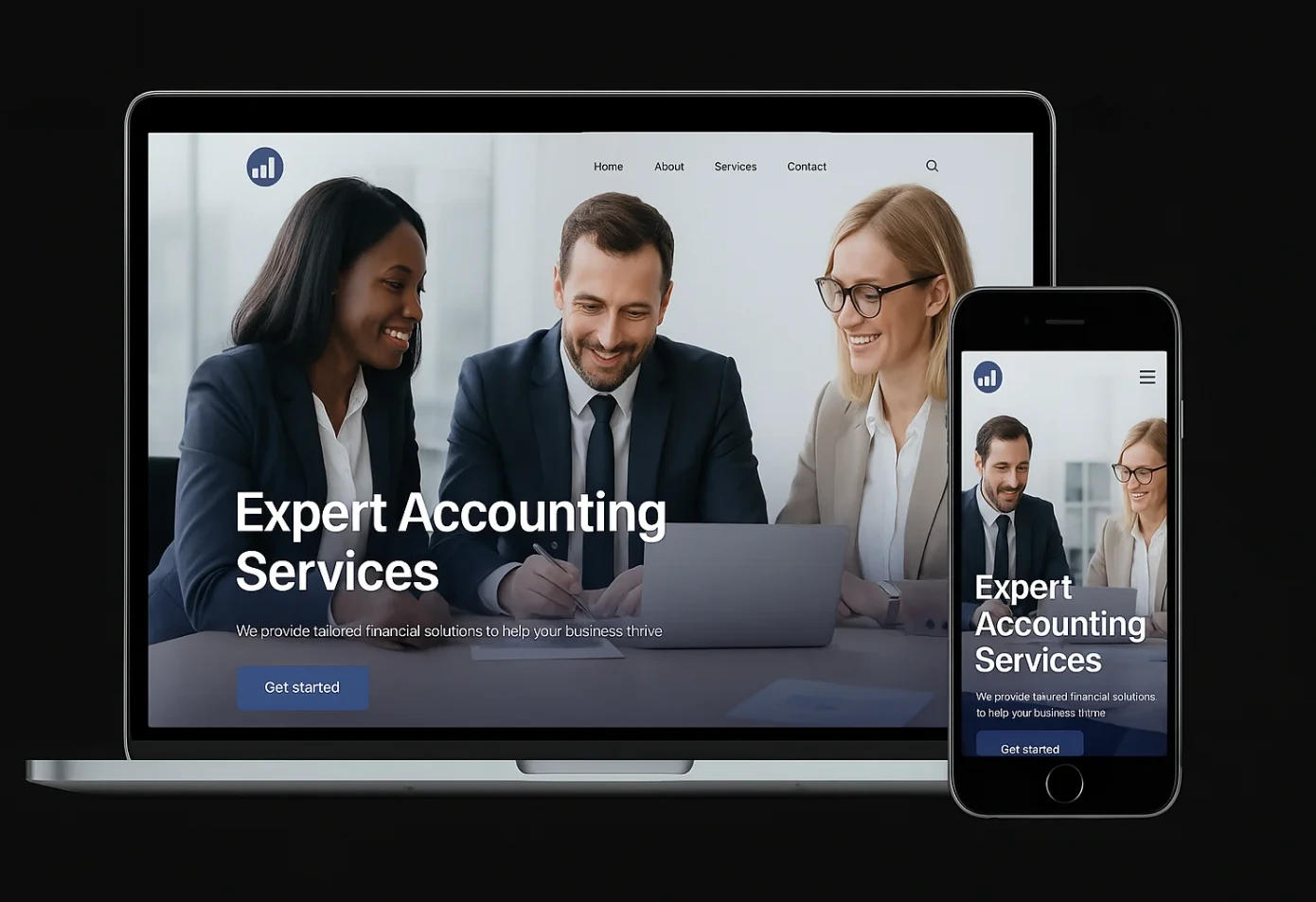 The Northbridge Advisory homepage shown on a laptop and a phone, a photograph of professionals in a meeting with the headline Expert Accounting Services.