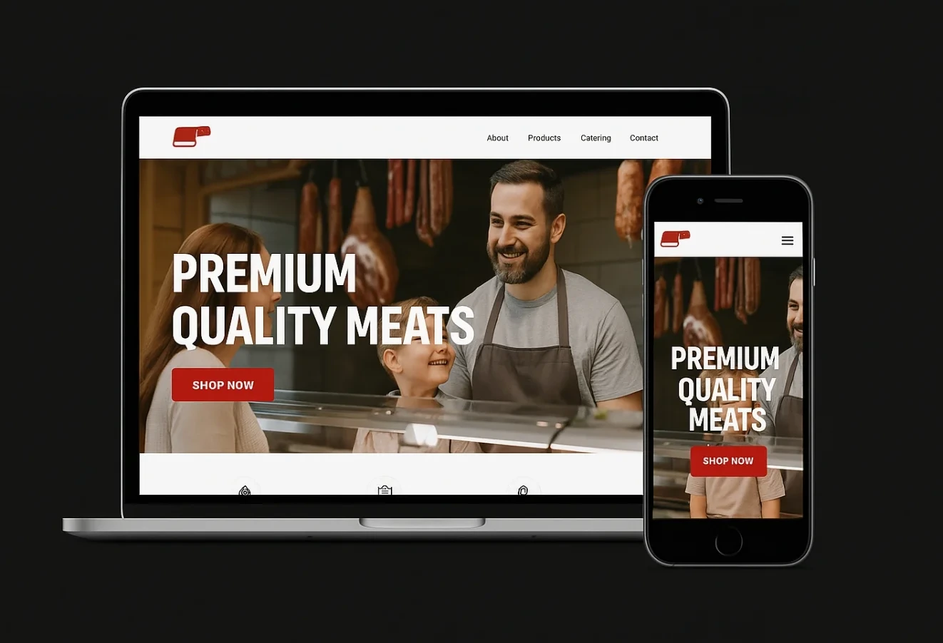 The Butcher & Block homepage shown on a laptop and a phone, a photograph of the butcher at the counter with a child and the headline Premium Quality Meats.