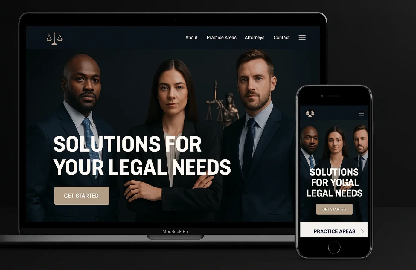 The Hargrove Legal homepage shown on a laptop and a phone, a photograph of three attorneys and the headline Solutions For Your Legal Needs.