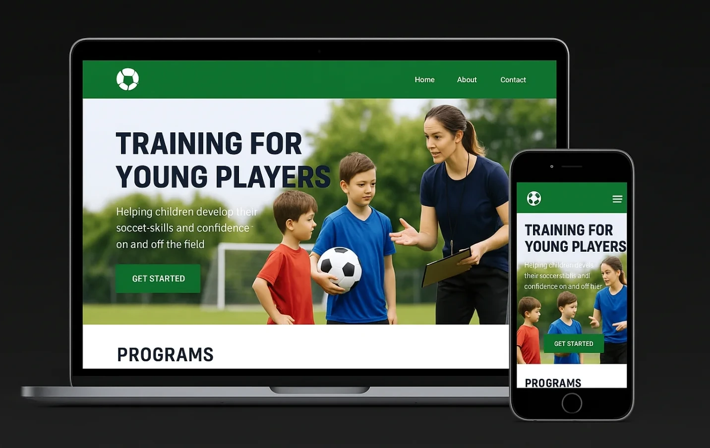 The Ironside FC Academy homepage shown on a laptop and a phone, a photograph of a coach working with young players and the headline Training for Young Players.