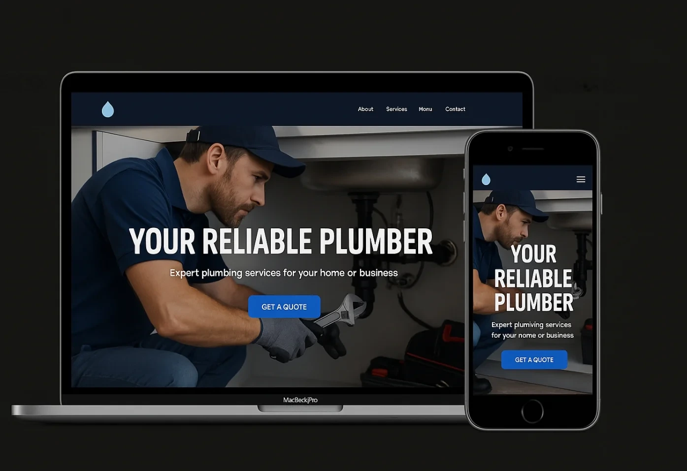 The Steadfast Plumbing homepage shown on a laptop and a phone, a photograph of a plumber working under a sink with the headline Your Reliable Plumber.