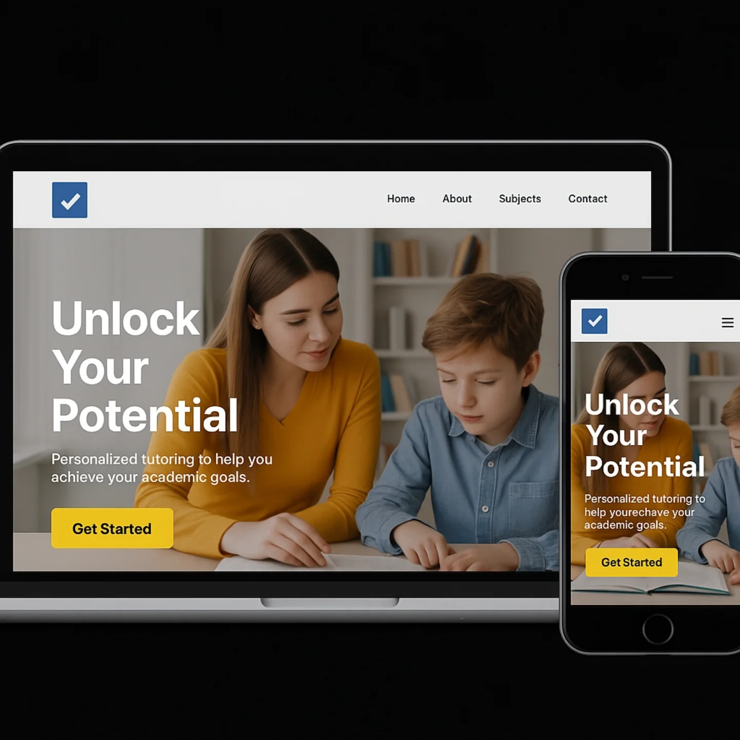 The Keystone Tutoring homepage shown on a laptop and a phone, a photograph of a tutor working with a student and the headline Unlock Your Potential.