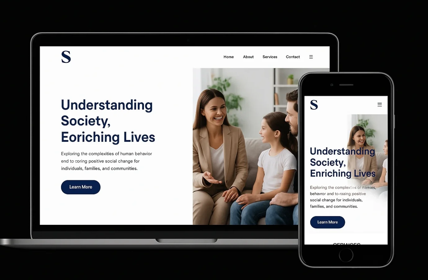 The Harborview Counseling homepage shown on a laptop and a phone, a photograph of a family in conversation with a therapist and the headline Understanding Society, Enriching Lives.