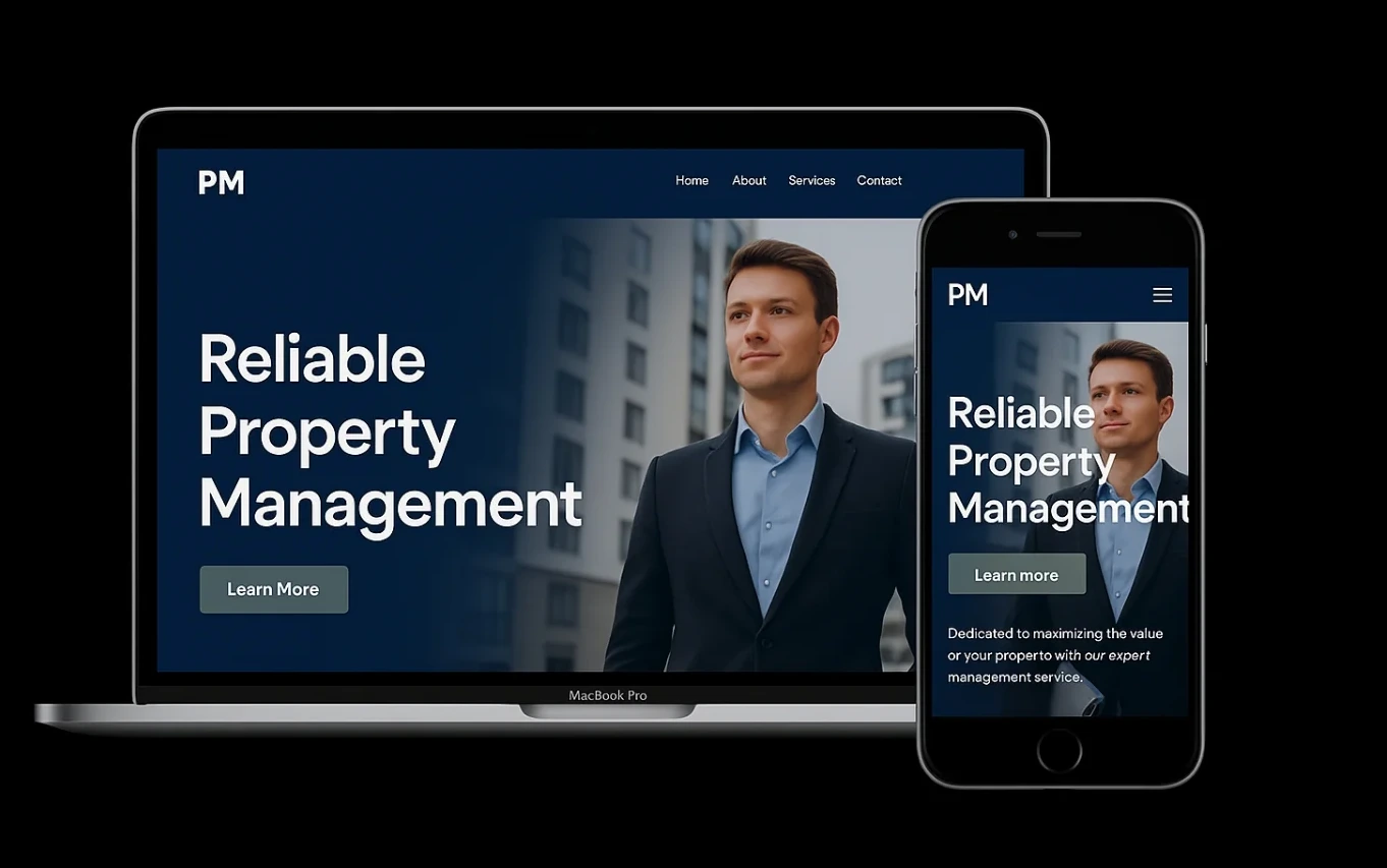 The Meridian Property Management homepage shown on a laptop and a phone, a photograph of a city apartment building with the headline Reliable Property Management.