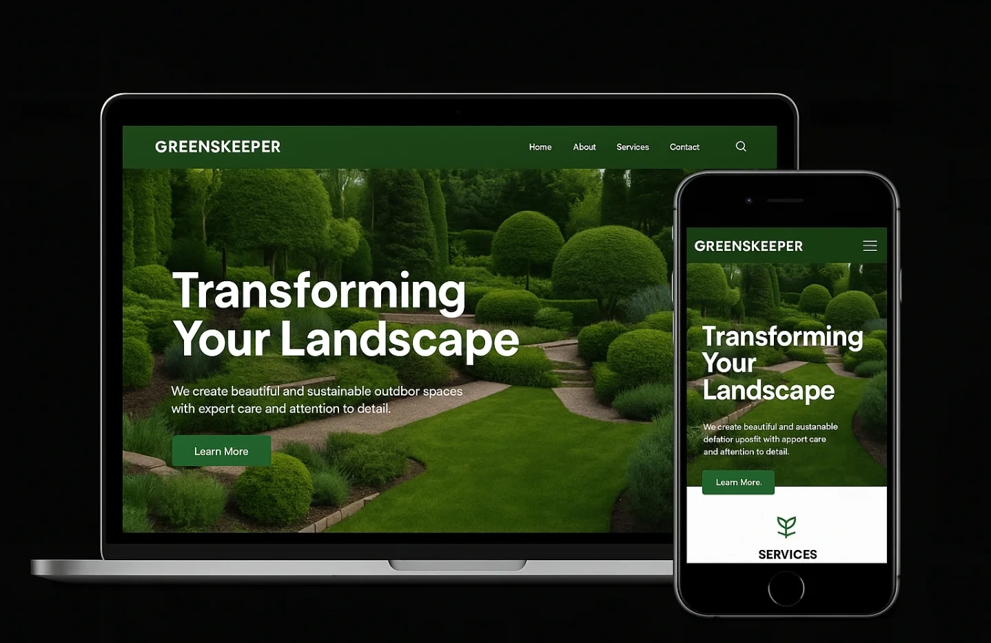 The Greenskeeper homepage shown on a laptop and a phone, a photograph of a manicured formal garden with the headline Transforming Your Landscape.
