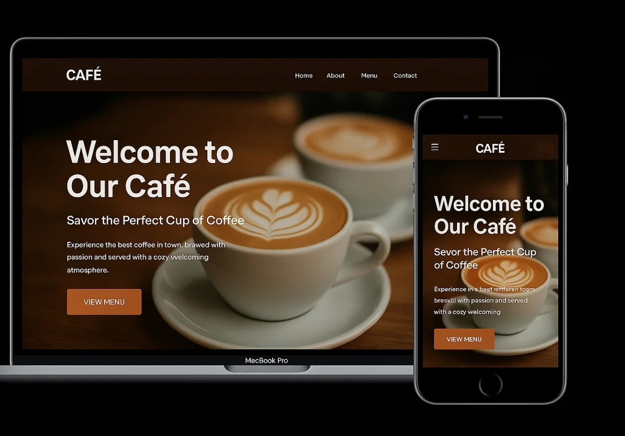 The After Hours Café homepage shown on a laptop and a phone, a photograph of two coffee cups with latte art and the headline Welcome to Our Café.