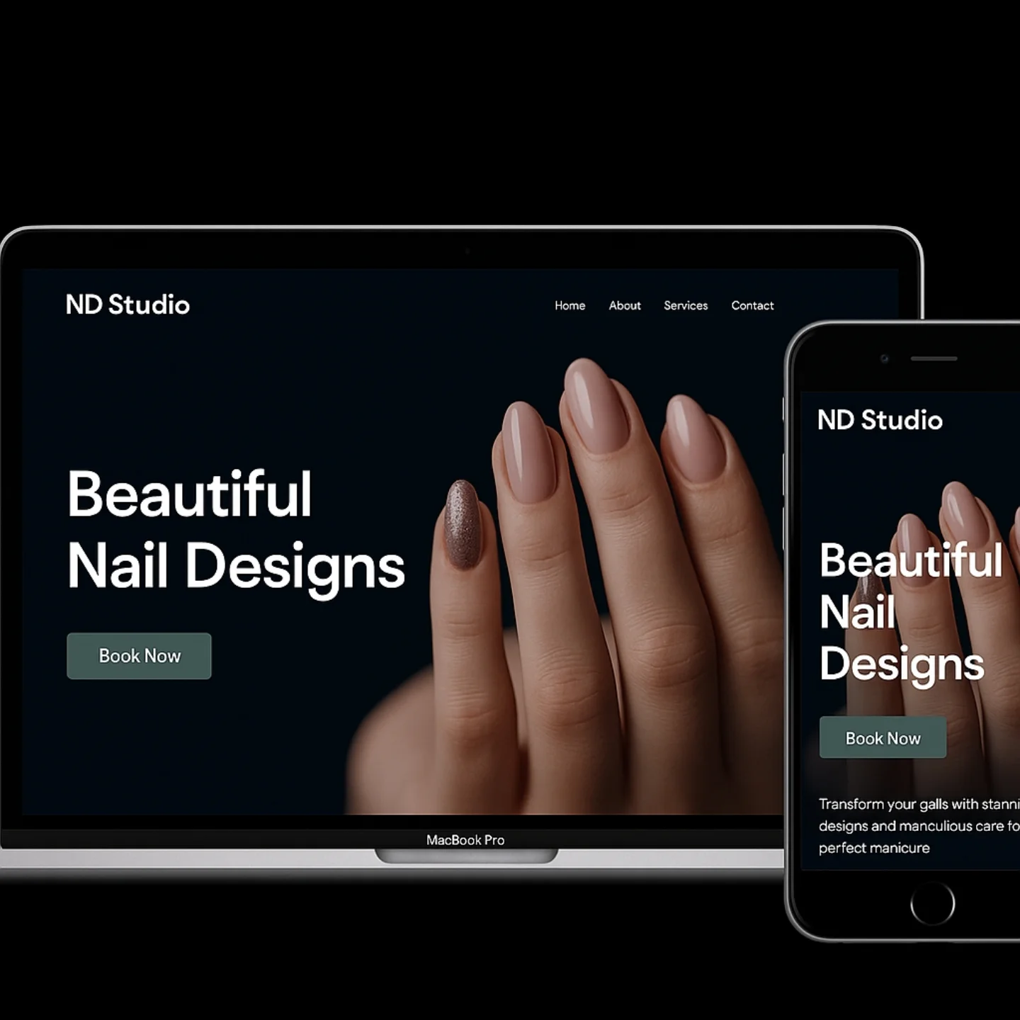 The ND Studio homepage shown on a laptop and a phone, a dark editorial photograph of manicured nails with the headline Beautiful Nail Designs.