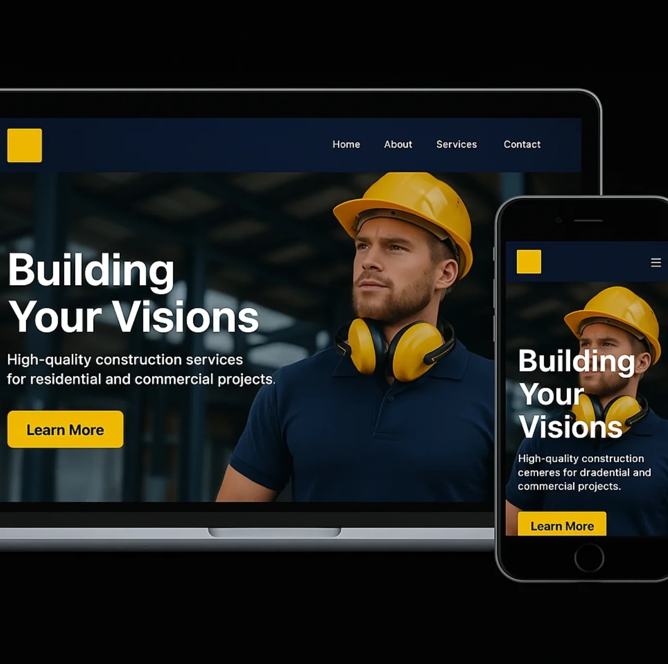The Cornerstone Construction homepage shown on a laptop and a phone, a photograph of a construction worker on site with the headline Building Your Visions.