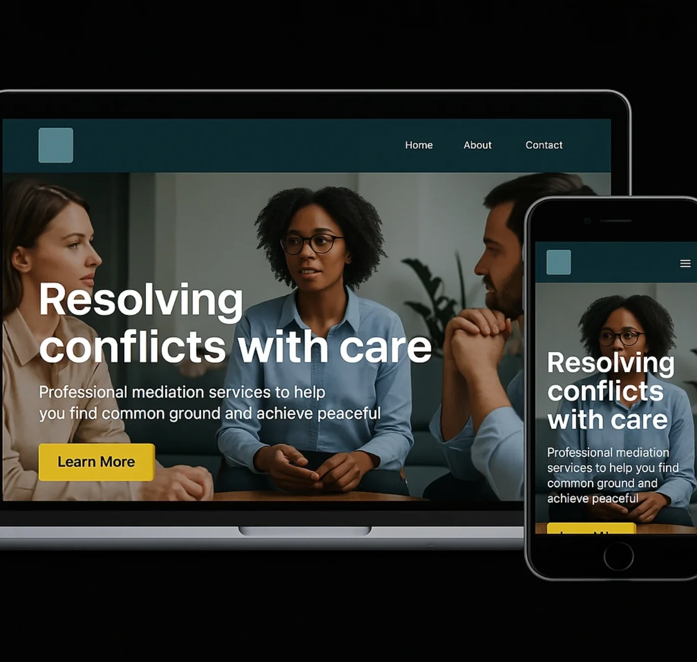 The Fairpoint Mediation homepage shown on a laptop and a phone, a photograph of two people in a calm conversation with a mediator, with the headline Resolving Conflicts With Care.