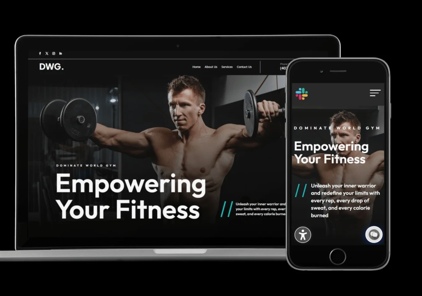 The Dominate World Gym homepage shown on a laptop and a phone, a photograph of a member lifting weights with the headline Empowering Your Fitness.