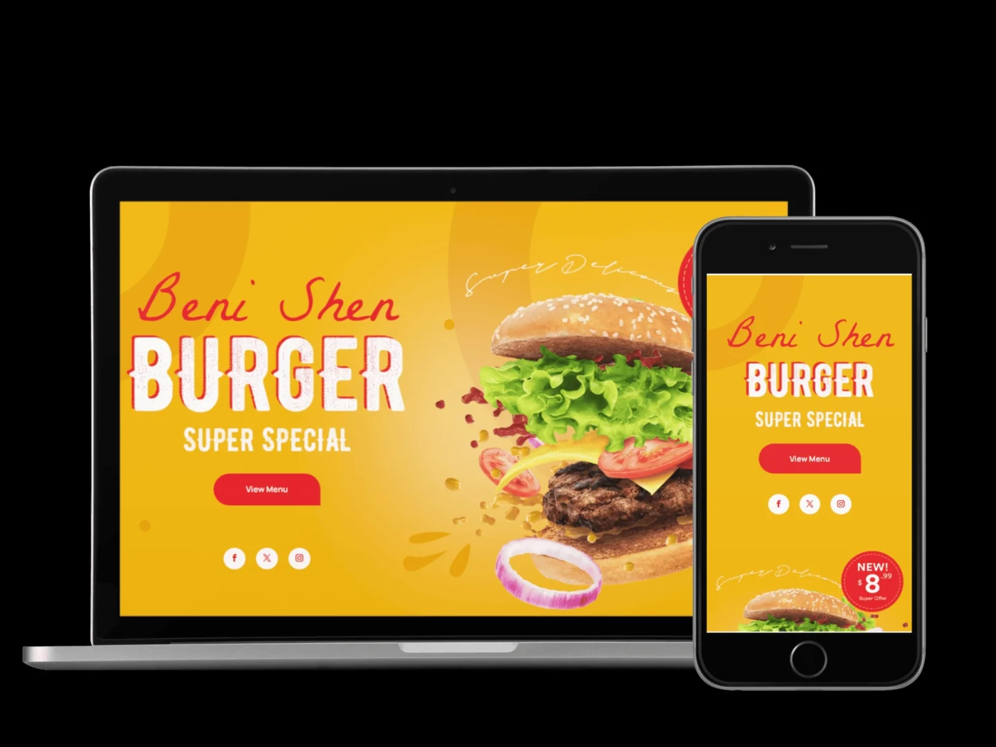 The Beni Shen Burger homepage shown on a laptop and a phone, a bold yellow-and-red promotional banner with a burger photo and a limited-time offer badge.
