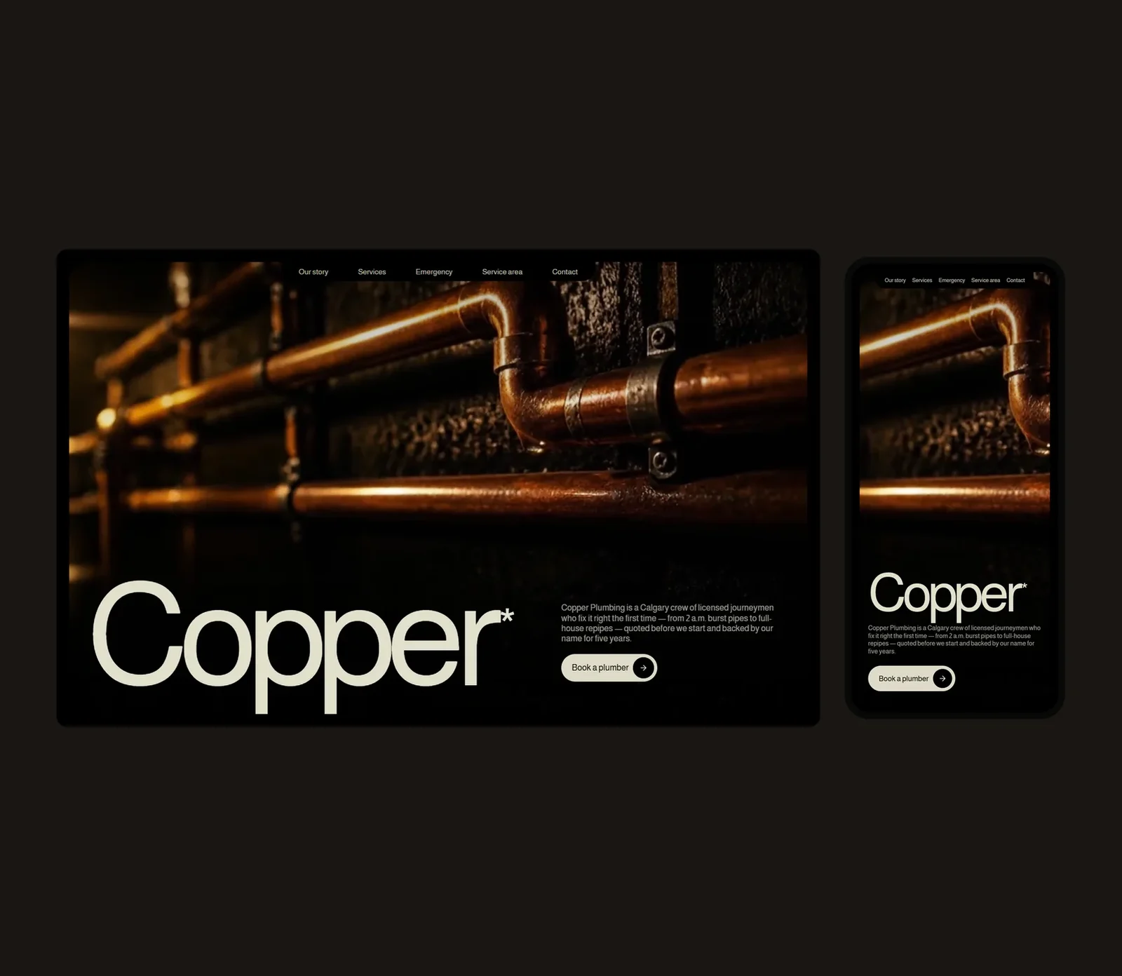 The Copper Plumbing homepage on desktop and mobile: a dark film of copper pipes on a basement wall, with the word Copper set huge in cream across the bottom and a Book a plumber button.