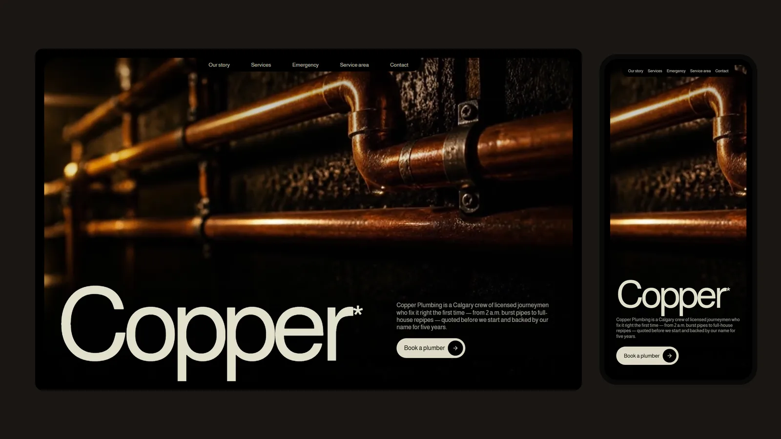 The Copper Plumbing homepage on desktop and mobile: a dark film of copper pipes on a basement wall, with the word Copper set huge in cream across the bottom and a Book a plumber button.