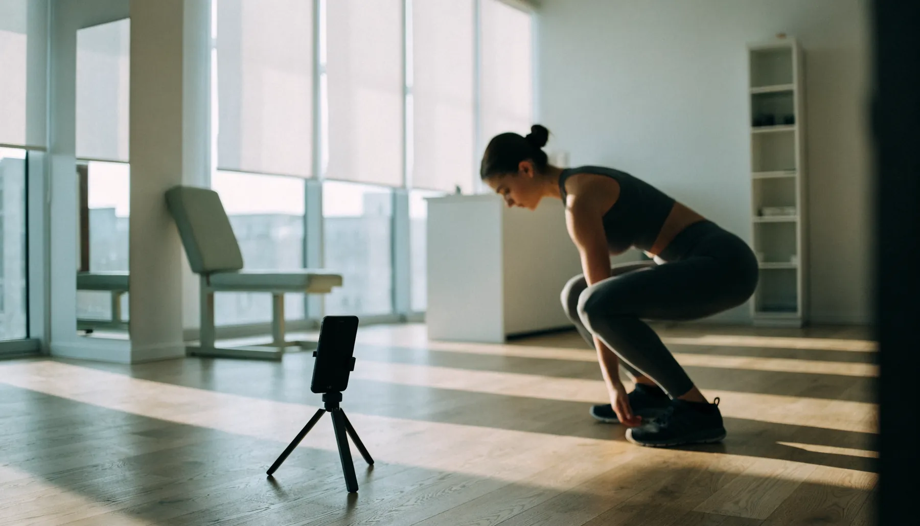 A woman mid-squat on a pale oak floor in a sunlit studio, with a phone standing on a low tripod in the foreground recording her from floor level.