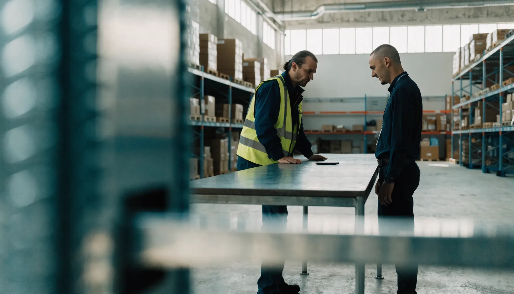 A warehouse supervisor in a hi-vis vest and a delivery driver standing across a steel table from each other, both looking down at a phone lying flat between them.